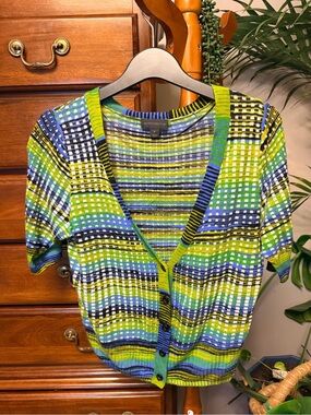 Vintage Worthington Y2K Knit Cardigan Top in Striped Geometric Print - L